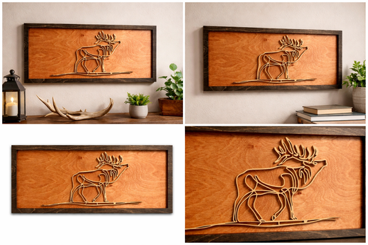 Rustic Elk Wood Wall Art – Layered Baltic Birch Wildlife Decor (18.5” x 8”)