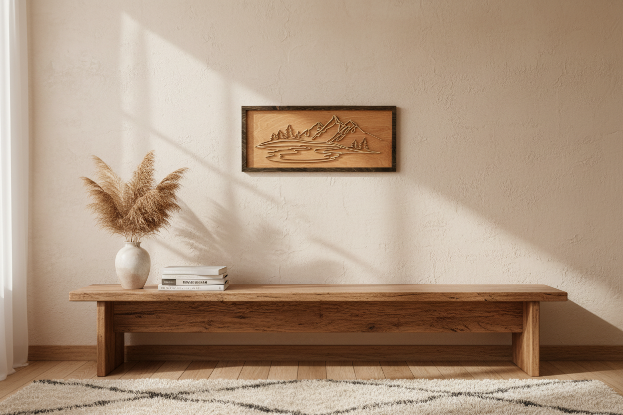 Mountain and lake laser cut wall art displayed in a rustic-modern living room