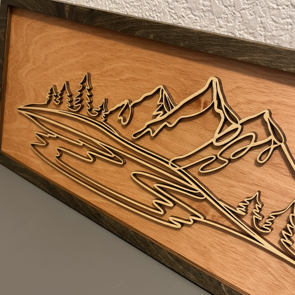 Close-up detail of laser cut mountain and lake scene showing wood grain and engraved depth